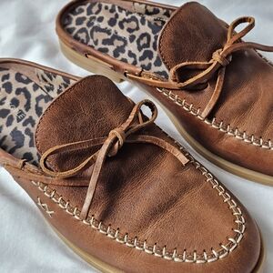 Free People Seas the Day Leather Mules Brown SlipOn Loafers S 7.5 Leopard Insole